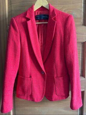 Zara Bright Poppy Red Textured Single-Button Blazer
